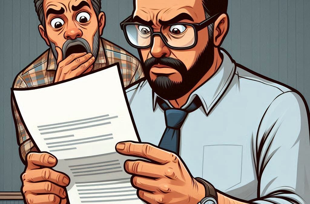 A man looks on angrily at a piece of paper that explains his wages are being garnished due to his student loans